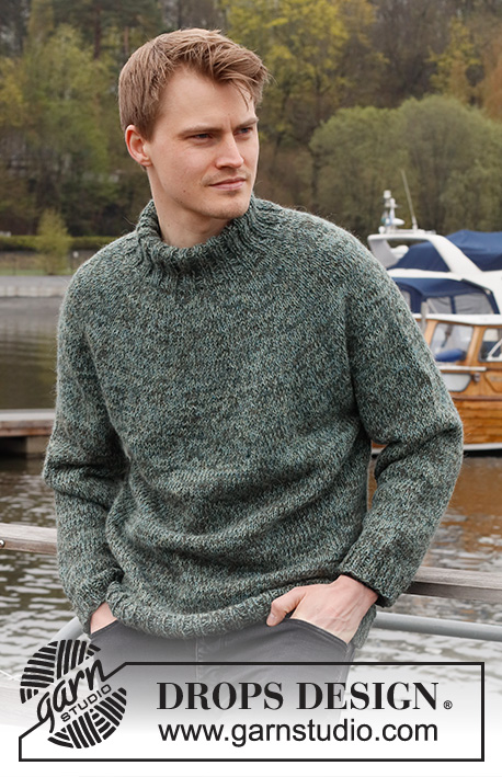 Lucky Wish / DROPS 224-21 - Pánský pulovr s kruhovým sedlem a stojáčkem pletený shora dolů z dvojité příze DROPS Alpaca. Velikost S - XXXL.
