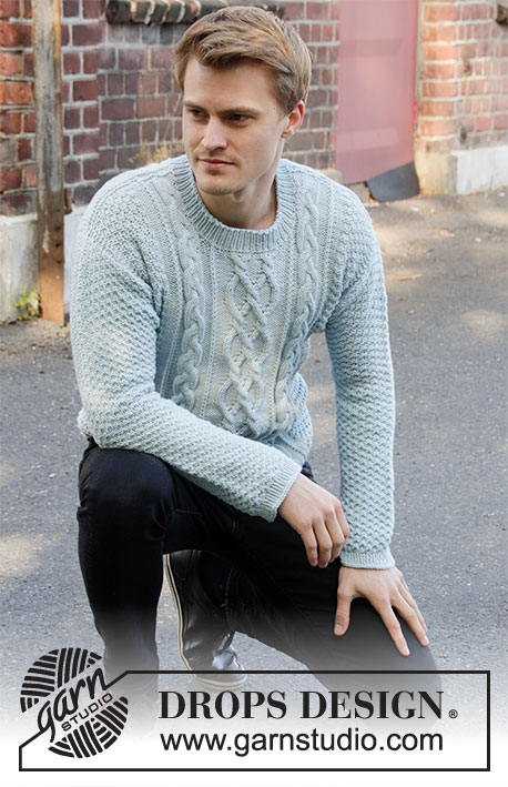 Winter Delight / DROPS 208-8 - Pánský pulovr s copánky a velkým perličkovým vzorem pletený z příze DROPS Merino Extra Fine. Velikost S – XXXL.